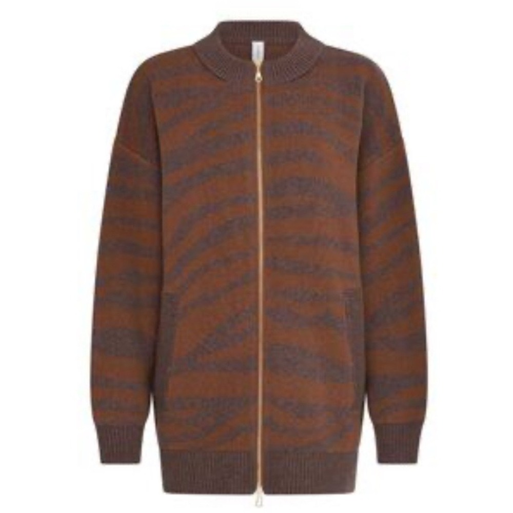 Varley Mayberry Zebra Print Zip Front Knit Cardigan Jacket Brown Tan L EUC